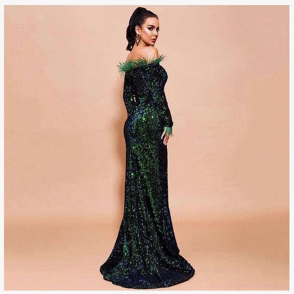 New Miss Ord Off Shoulder Feather Longsleeve Sequin Evening Maxi Dress Gown - Picture 4 of 12